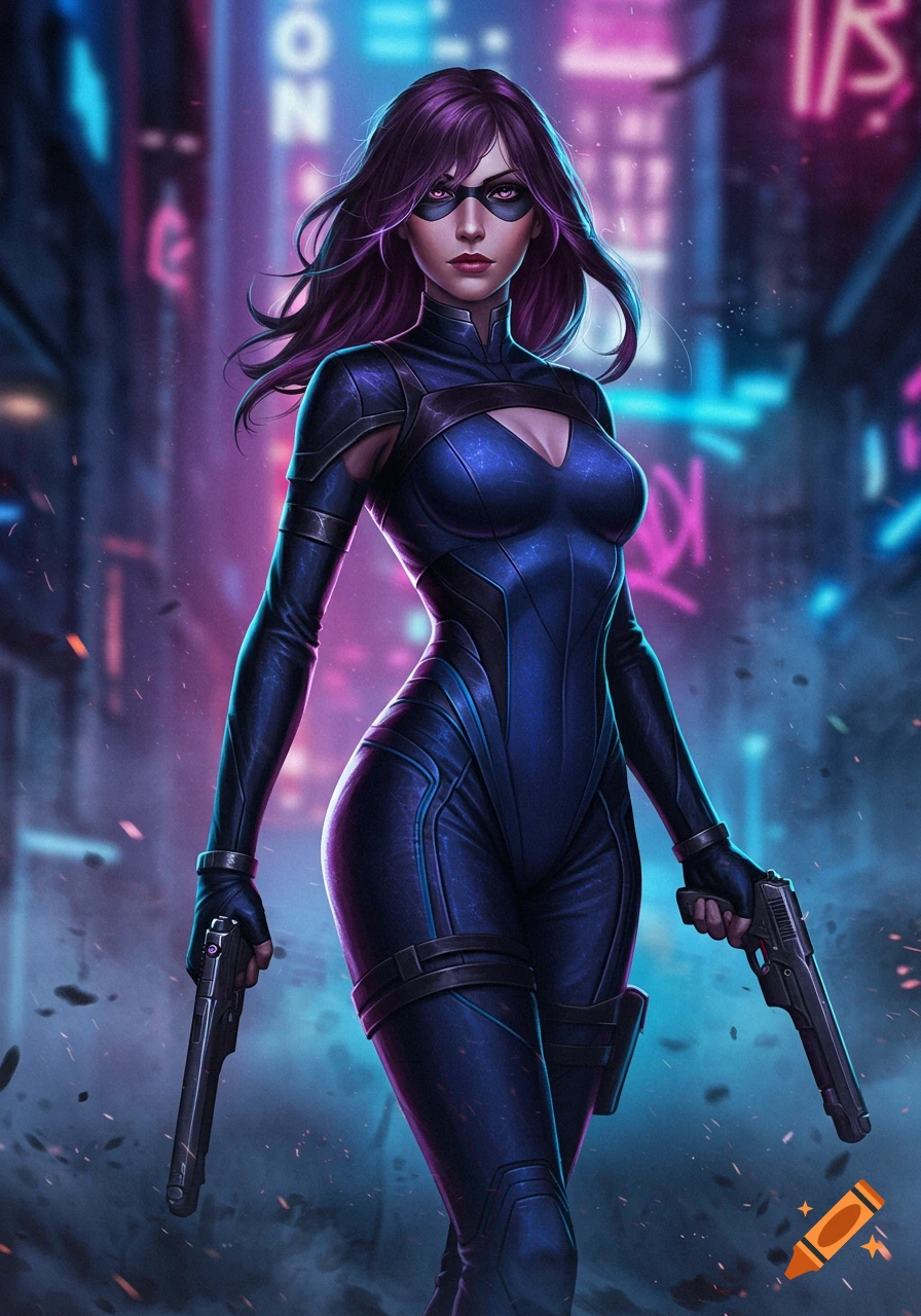A purple-haired female superhero in a blue suit and eye mask holds two guns in a neon-lit cyberpunk city.