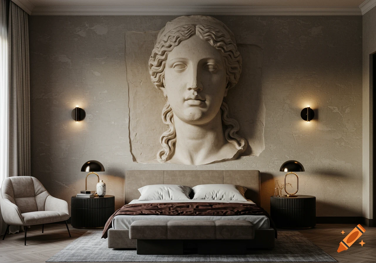 A modern bedroom with a large classical sculpture bust on the wall above the bed, flanked by nightstands and lamps.