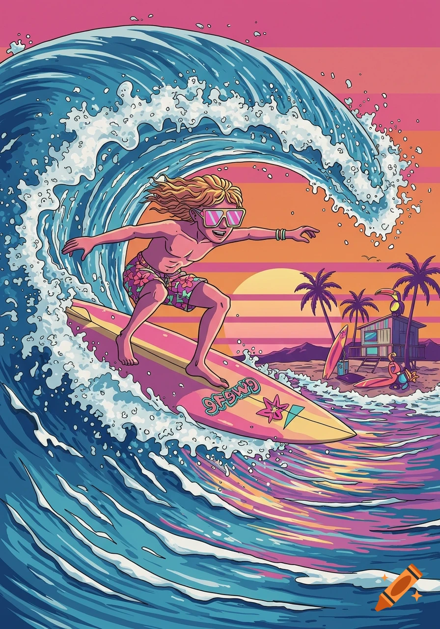 A cartoon surfer with long blonde hair rides a large wave on a pink surfboard, with a sunset beach and palm trees in the background, in a 1980s style.