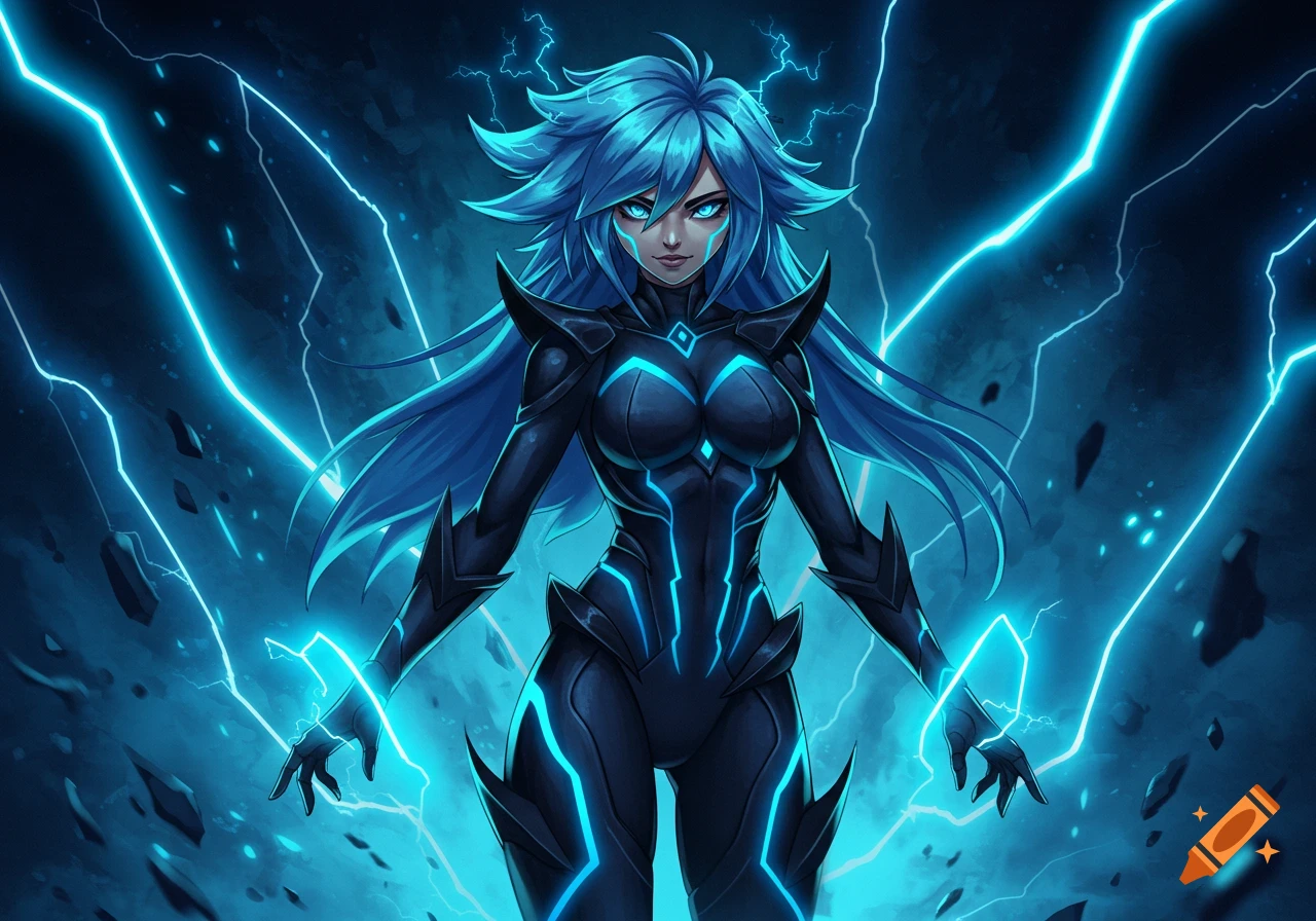 Anime woman with blue hair and glowing eyes in a black suit with blue light patterns, surrounded by lightning.