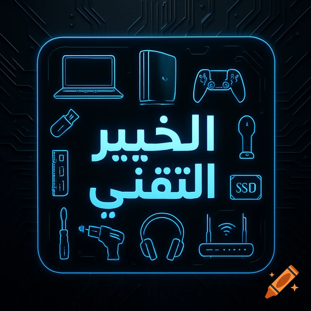 A square, neon blue tech logo featuring outlines of electronics and tools, with Arabic text 'The Tech Expert' centered on a dark circuit background.