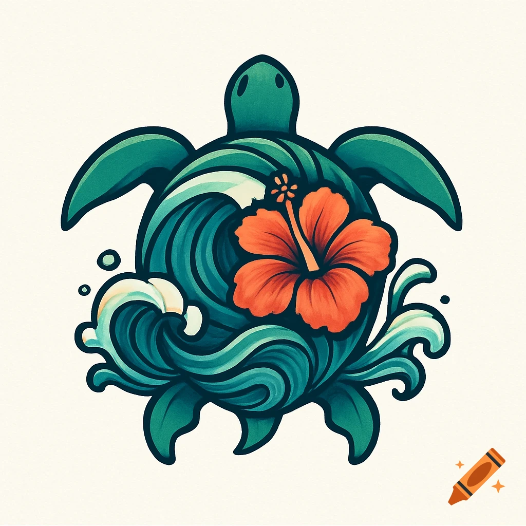 Stylized logo of a green turtle with a red hibiscus flower and blue waves on its shell.