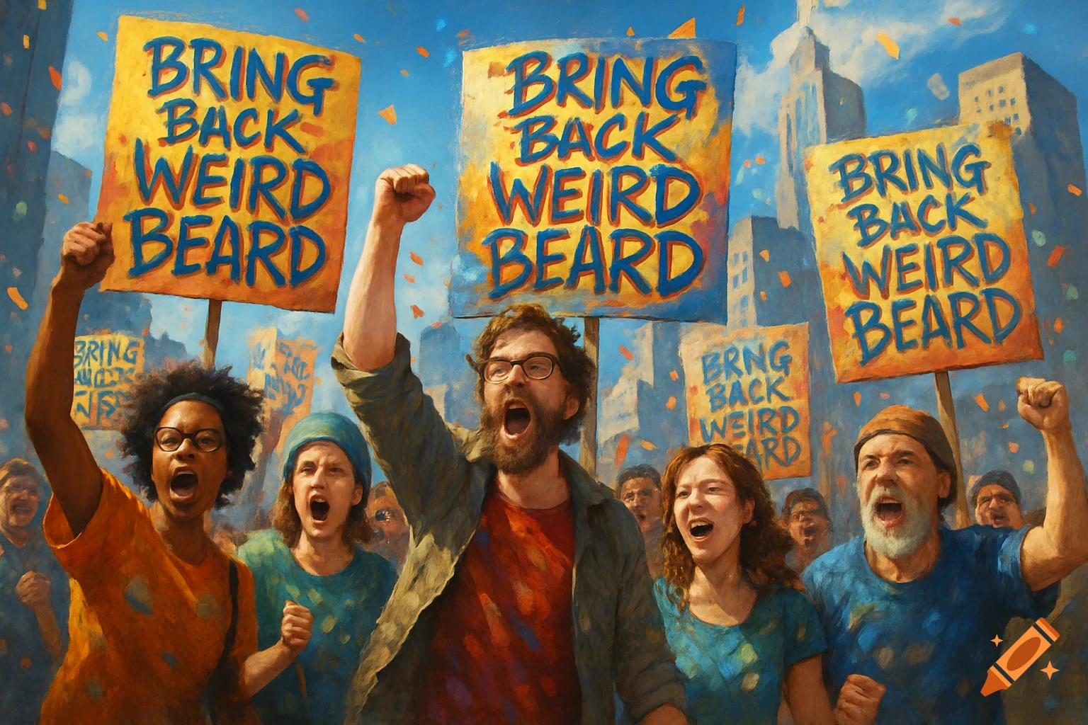 A crowd of diverse people protest, holding signs that read "BRING BACK WEIRD BEARD" under a blue sky with confetti, in a painted style.