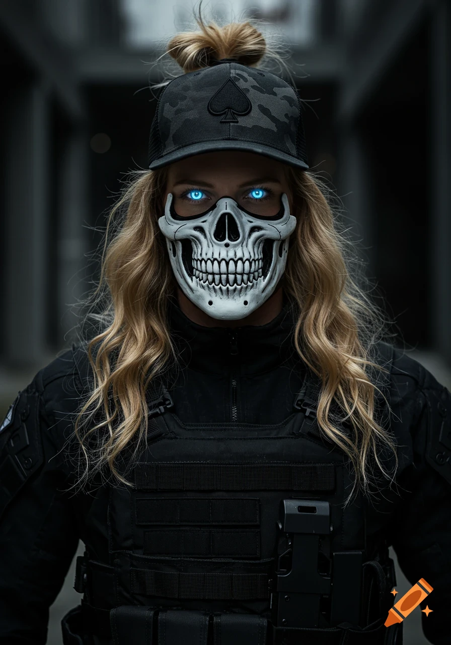 A person with long blonde hair in a messy bun, wearing black military gear and a white skull mask with glowing blue eyes, topped with a camo baseball hat featuring a spade symbol.