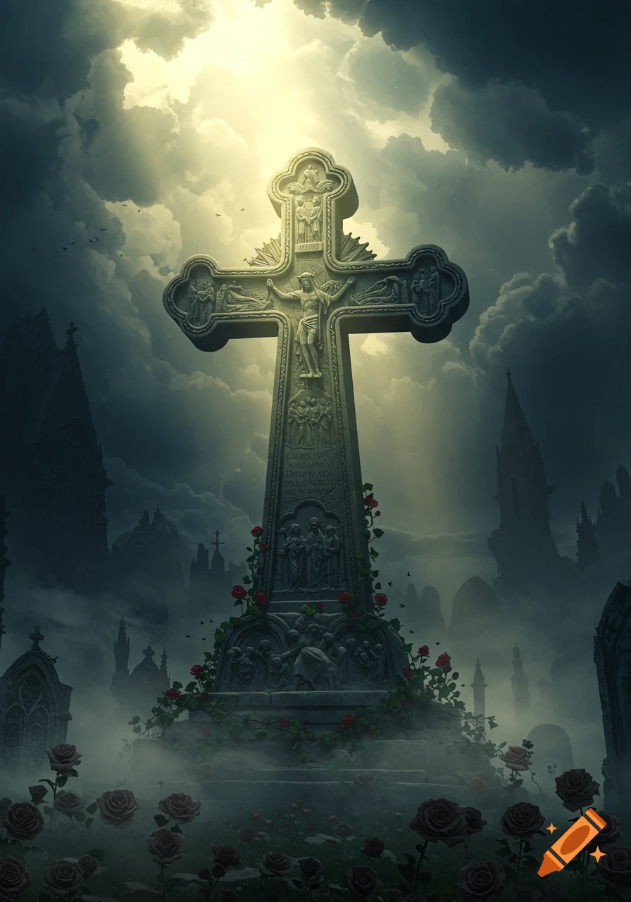 A towering Gothic stone cross with a crucified Jesus figure bathed in sunlight, surrounded by dark clouds and misty graveyard ruins with red roses.