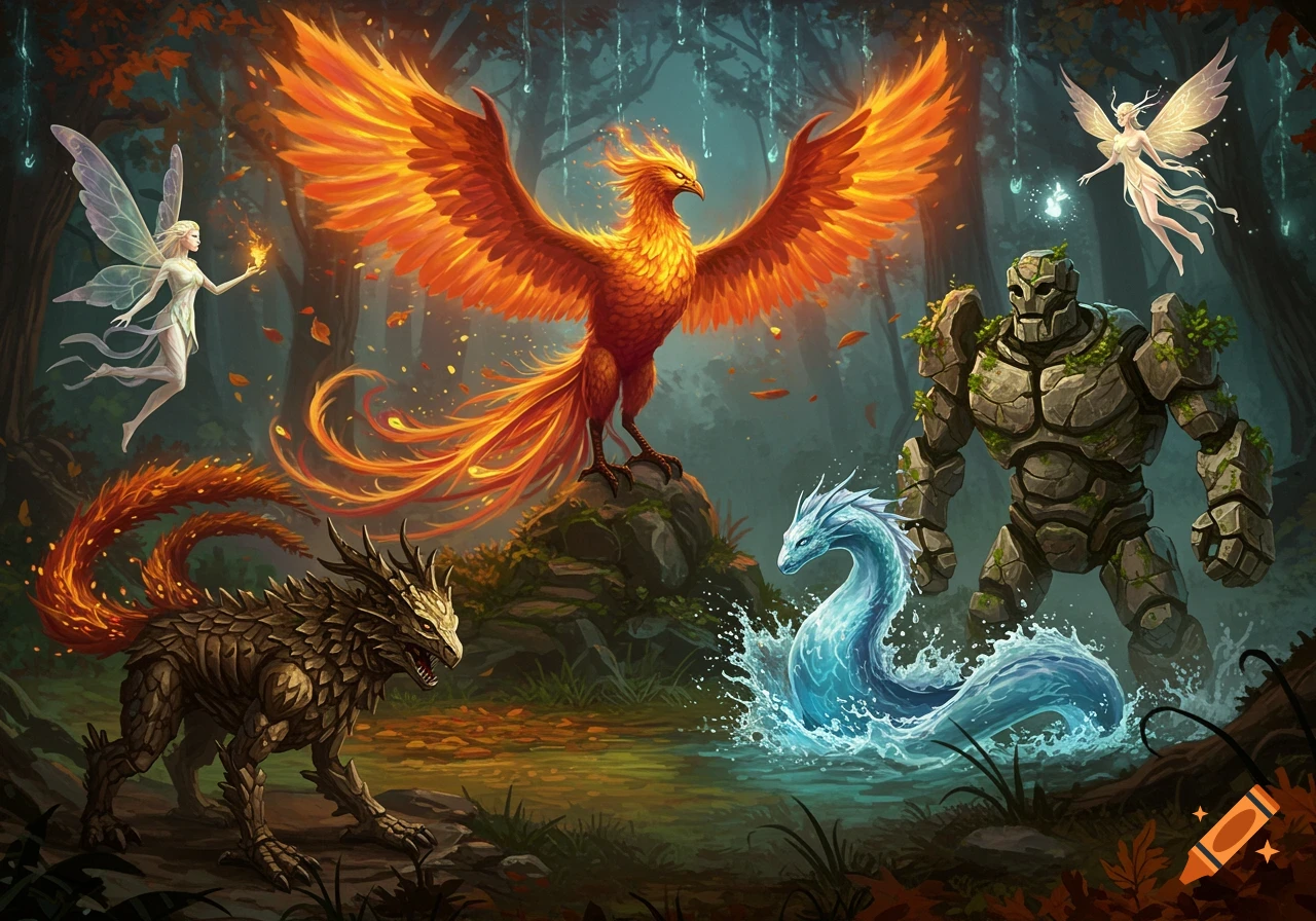 A vibrant fantasy scene featuring a phoenix, fairy, stone golem, brown dragon, and water serpent in a magical forest.