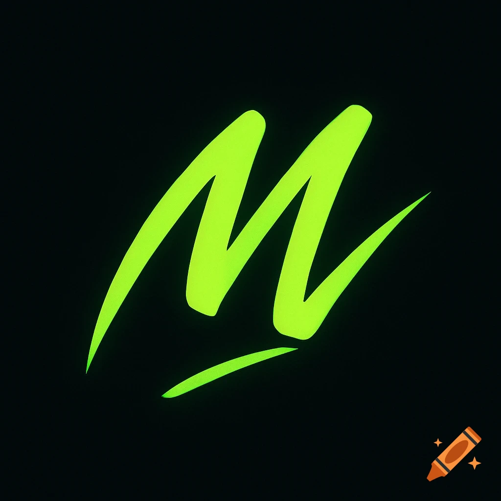 A neon green stylized letter M logo with a small line underneath on a black background.