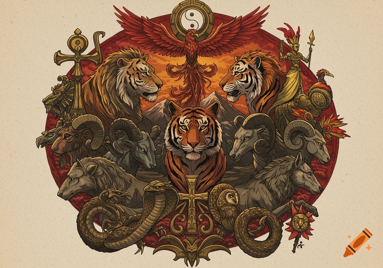 An elaborate illustration in a tribal style featuring multiple tigers, lions, rams, wolves, snakes, an owl, a phoenix, and mythological figures like an Ankh and an Aztec warrior, all set against a mountain and a fiery red background with a yin/yang symbol.