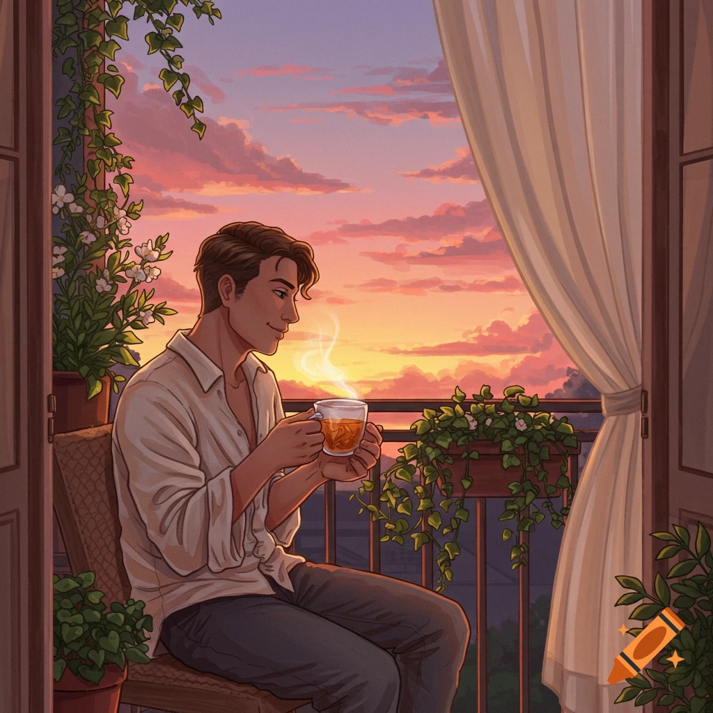 An illustrated man sips tea on a balcony overlooking a vibrant sunset.