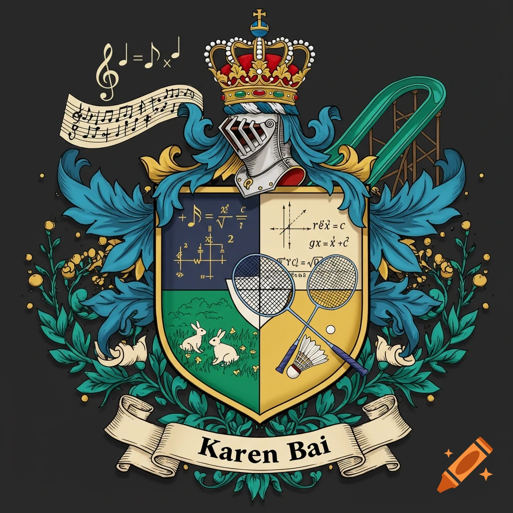 A colorful coat of arms featuring a knight's helmet and crown, with four quadrants depicting musical notes, mathematical equations, two white bunnies, and badminton rackets with a shuttlecock. A banner below reads "Karen Bai".