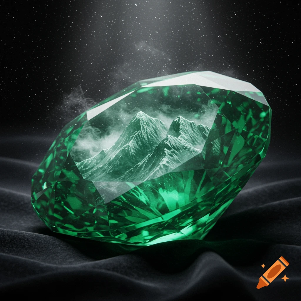 A large faceted green emerald contains a detailed mountain range within its structure, set against a dark, starry sky.