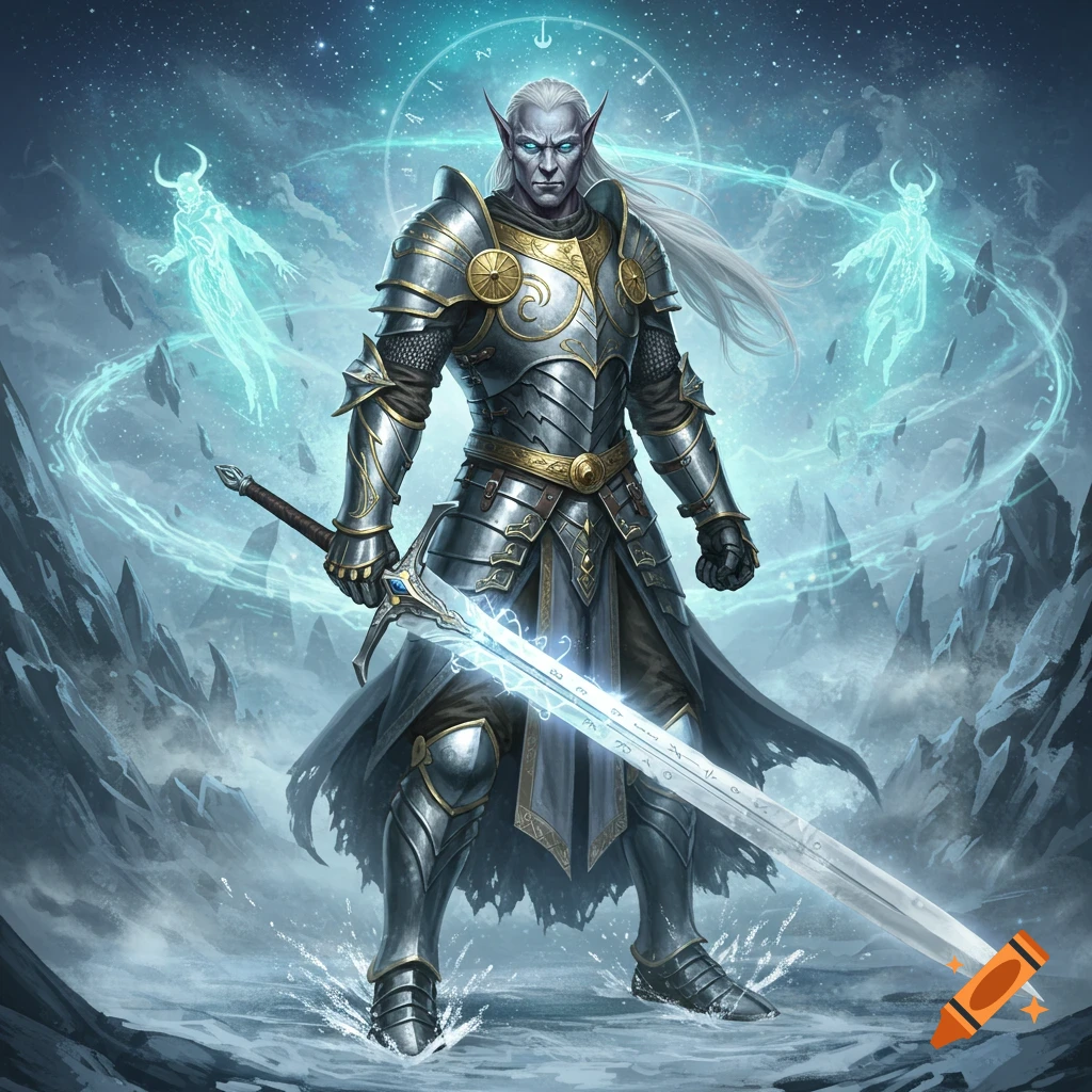 An armored elven warrior stands in a frozen landscape, holding a glowing, rune-etched sword. Two ethereal figures and a celestial dial float in the background.