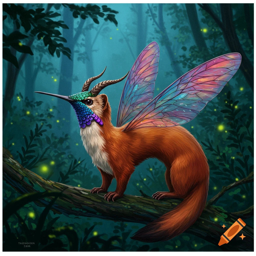 A mythical creature combining a hummingbird head, weasel body, and iridescent wings, perched in a vibrant, mystical forest.