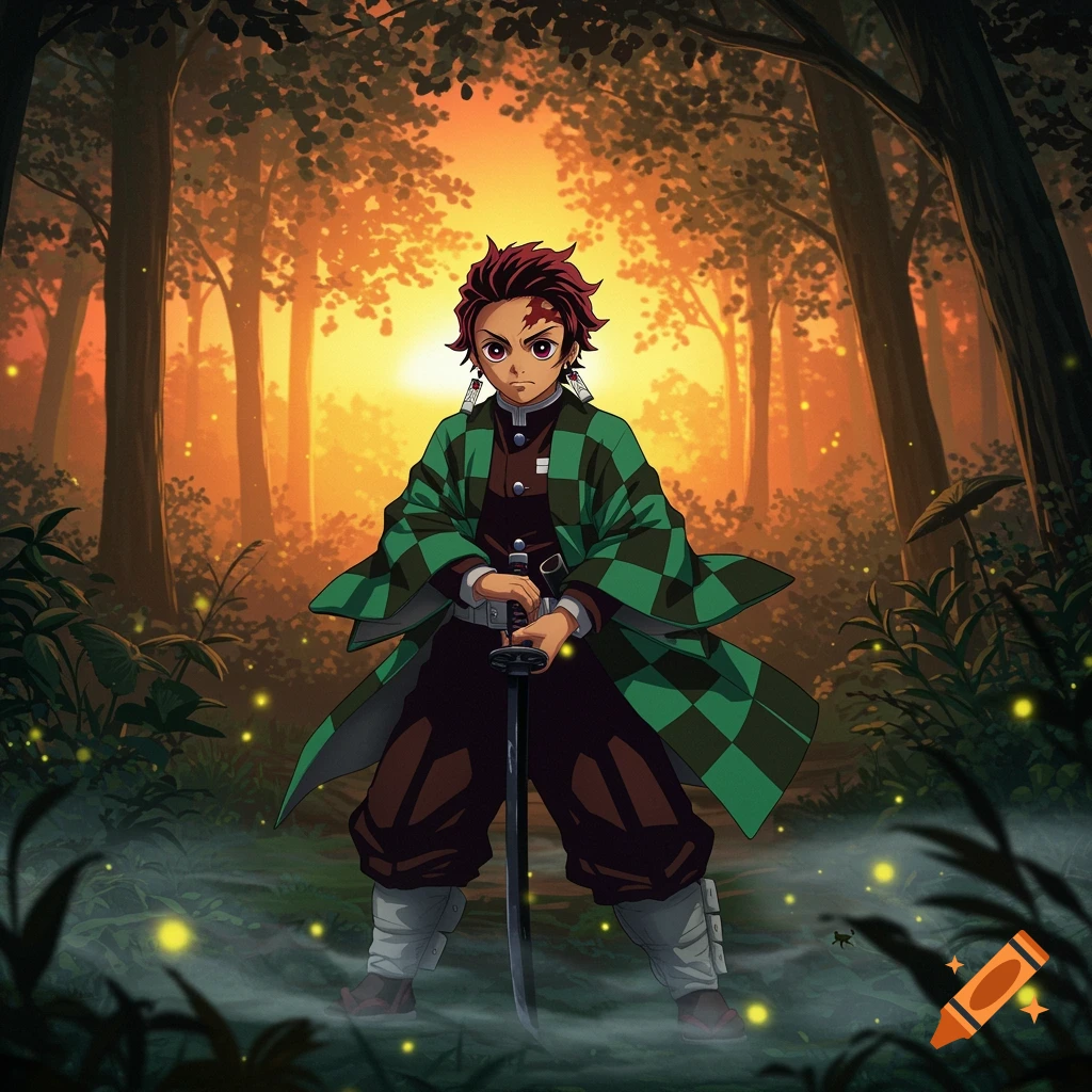 Anime illustration of Tanjiro Kamado standing in a forest at sunset, holding a sword, with glowing fireflies.