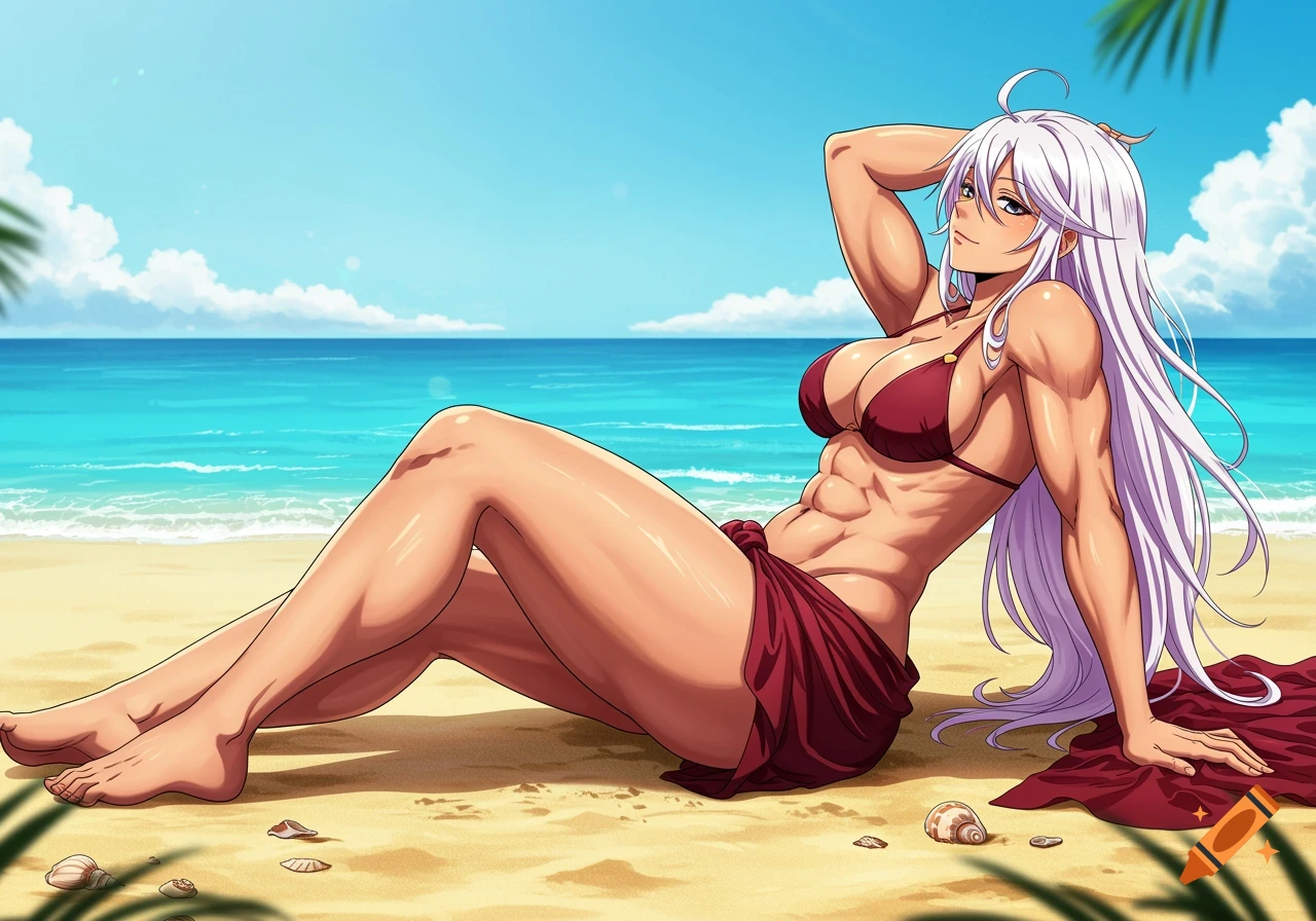 Muscular anime woman with white hair in a red bikini lounging on a sunny beach.