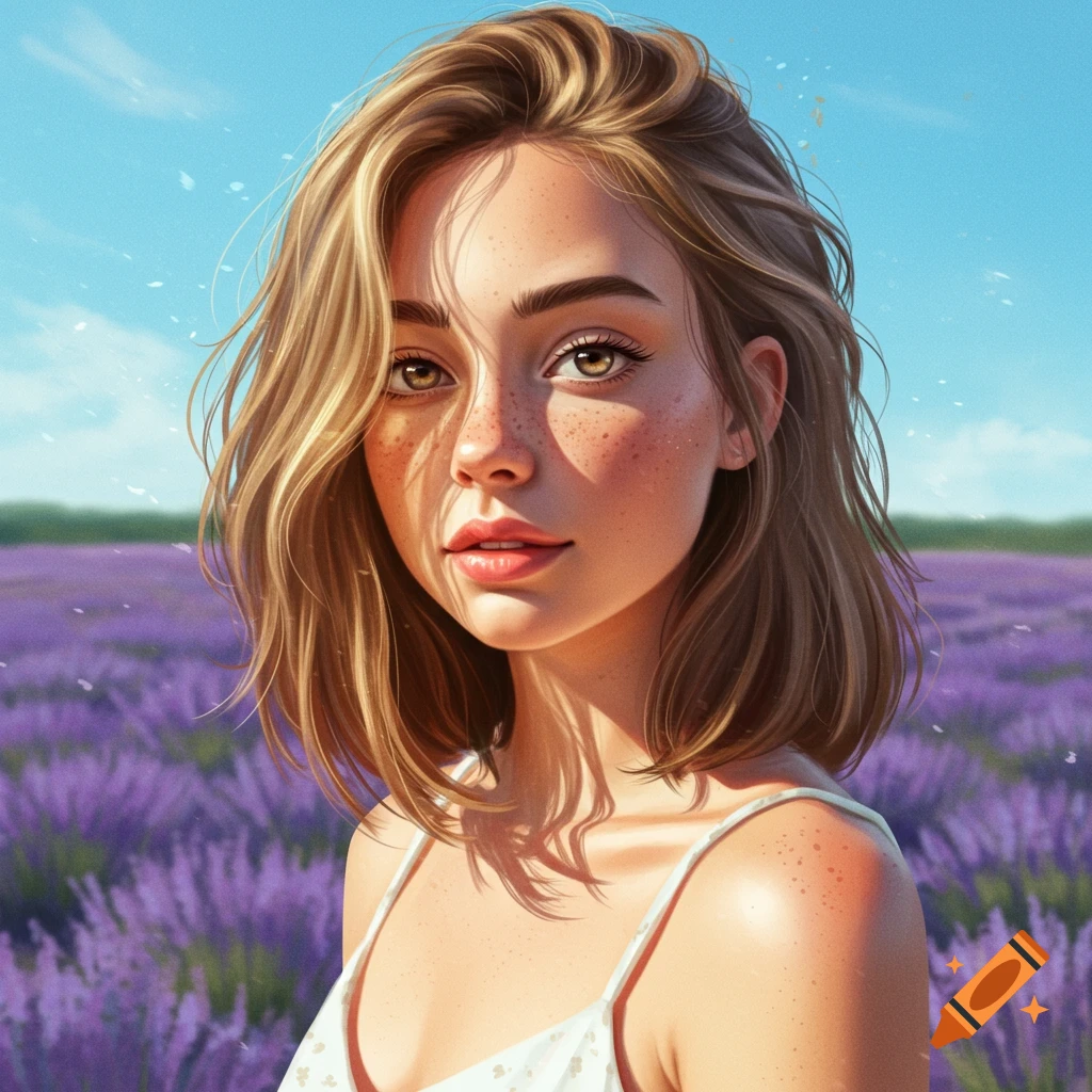 A young woman with light brown hair and freckles stands in a field of purple lavender under a blue sky.