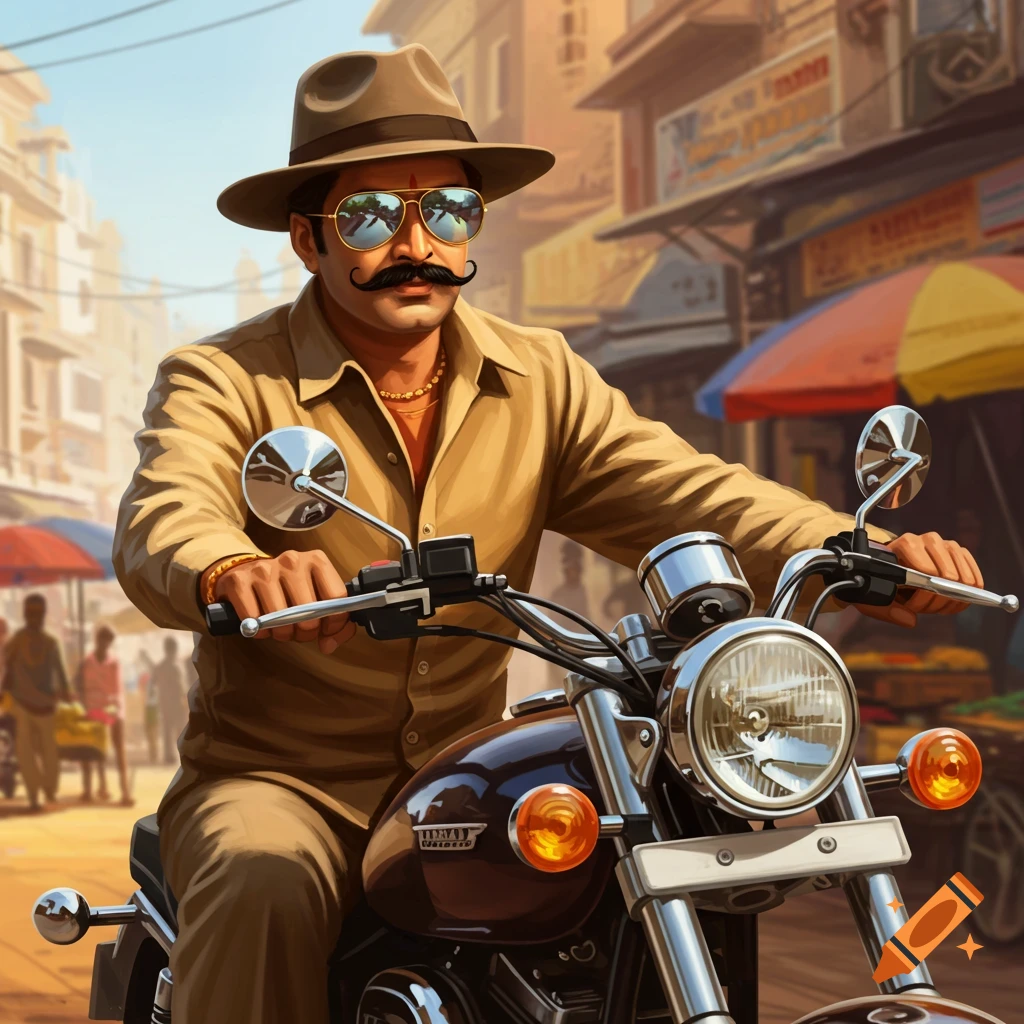 A digital painting of an Indian man with a mustache, hat, and sunglasses riding a motorcycle down a city street.