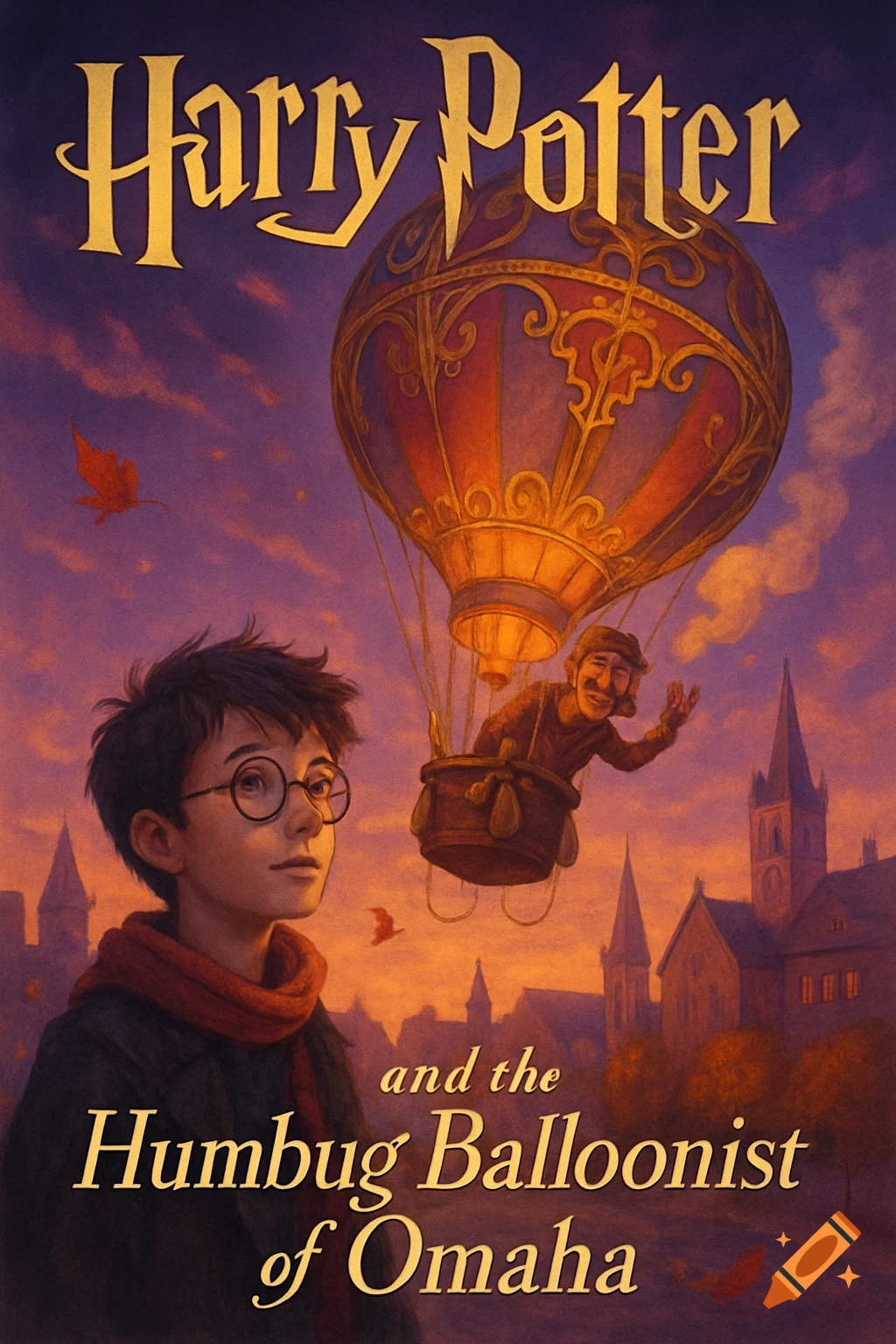 Illustration of a book cover with Harry Potter looking up at a hot air balloon over a city at sunset.