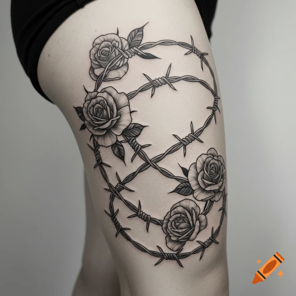 A black and white barbed wire and rose tattoo on a person's thigh.