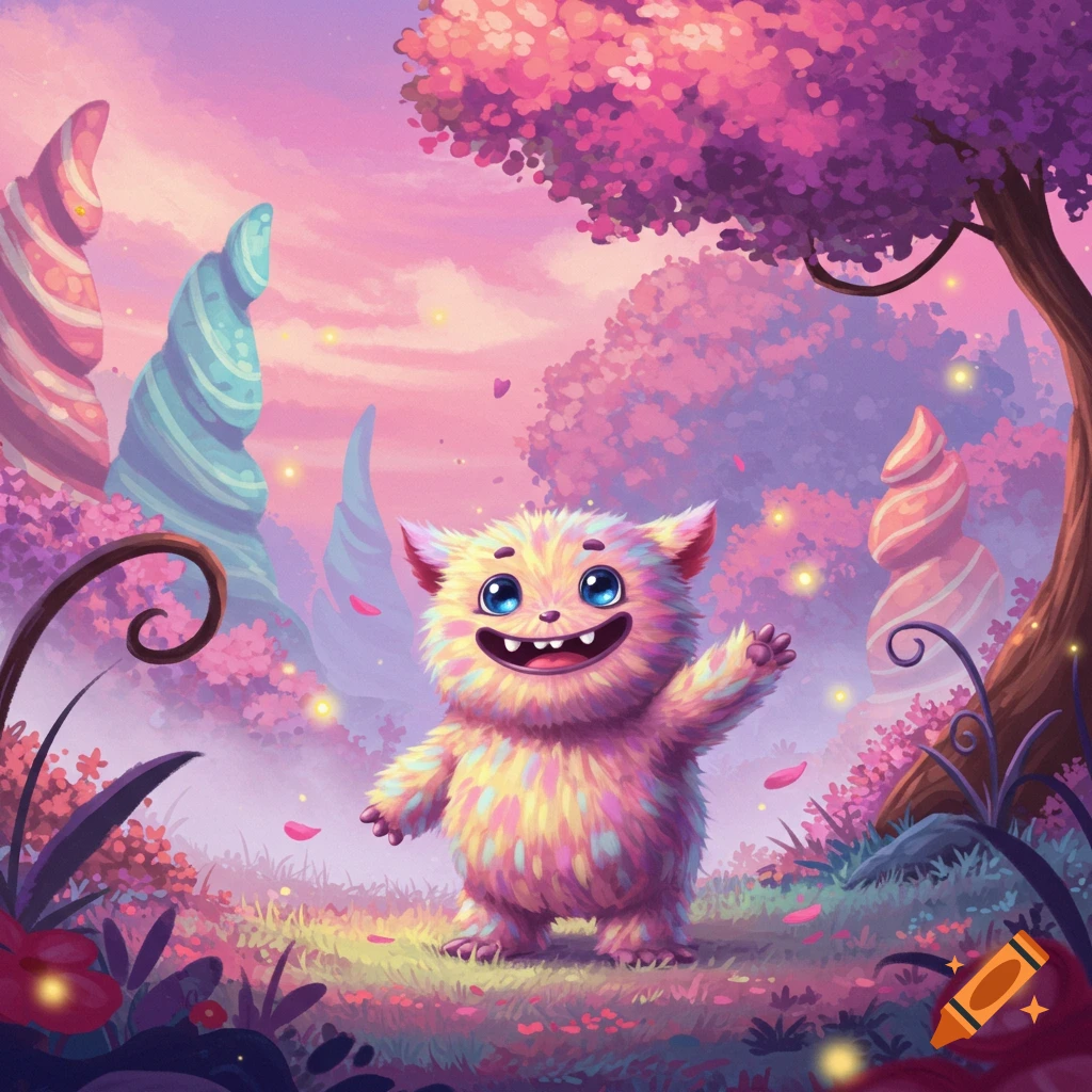 A happy, fluffy, colorful monster waving in a vibrant, whimsical fantasy forest with pink trees and candy-like spires.