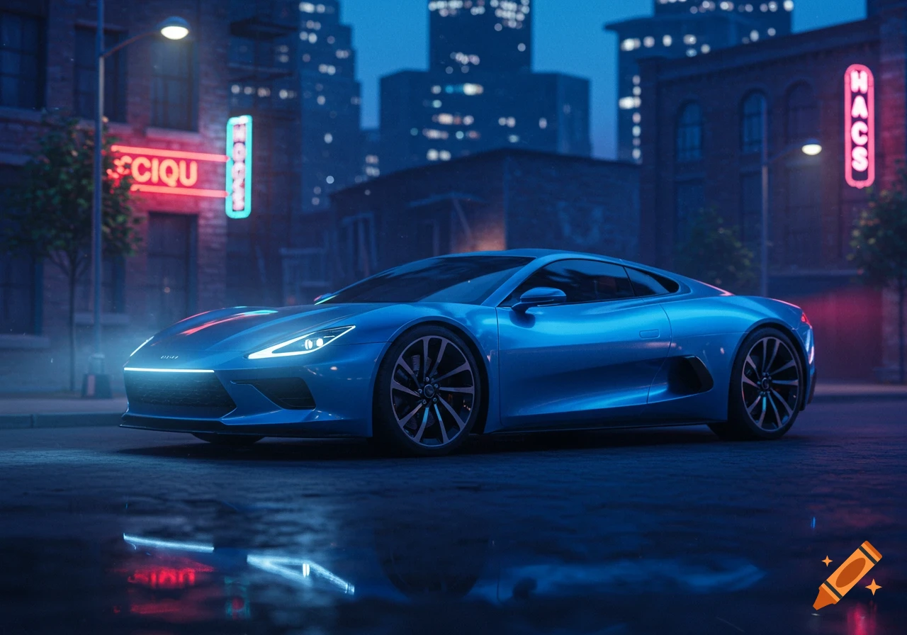 A sleek blue sports car parked on a wet street at night in a city with neon signs and tall buildings in the background, photorealistic style.