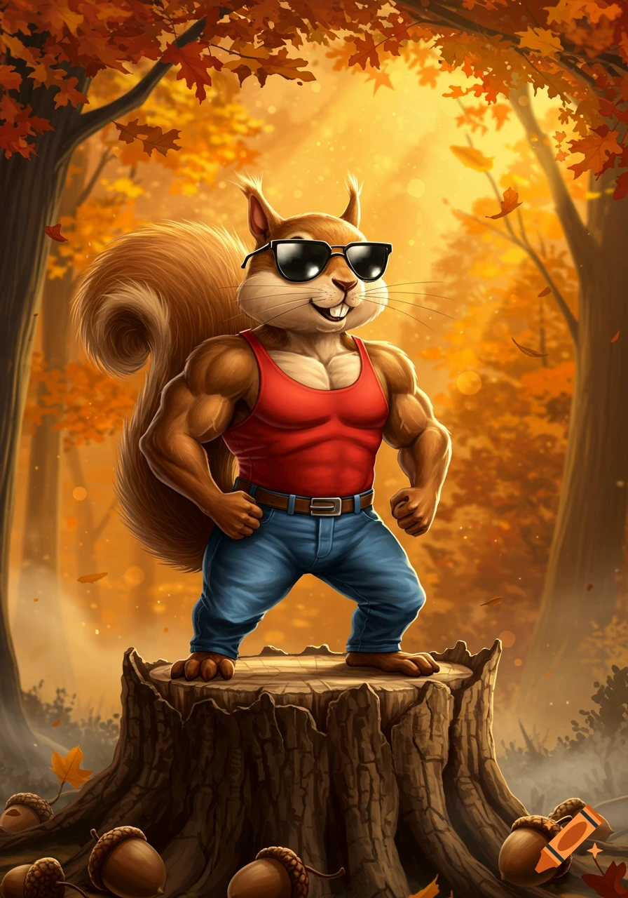 A muscular, anthropomorphic squirrel in sunglasses, a red tank top, and jeans stands on a tree stump in an autumn forest.