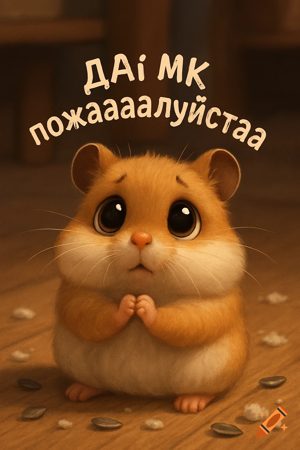 A cute, fluffy hamster with large eyes and folded paws, looking up pleadingly, with a Russian caption above its head.