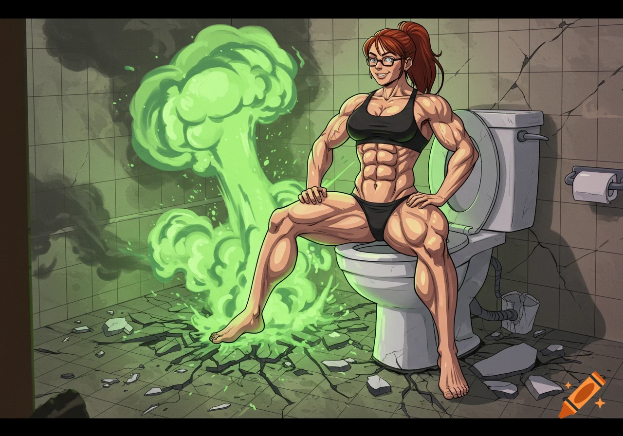 A muscular woman in a sports bra and underwear sits on a toilet, smiling as green gas erupts from below her, shattering the toilet and floor.