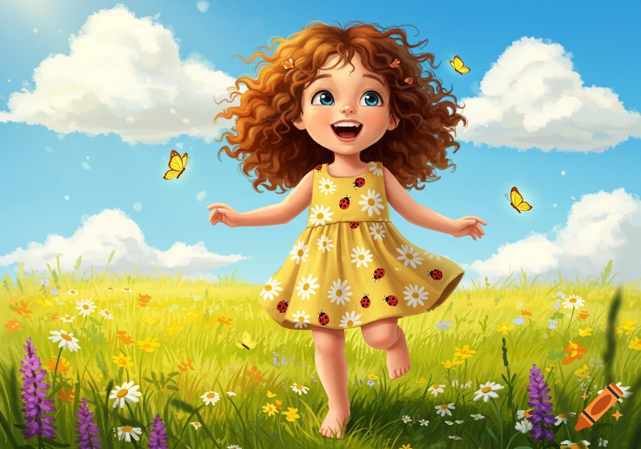 A joyful cartoon girl with red curly hair in a yellow dress runs barefoot through a field of wildflowers with butterflies.