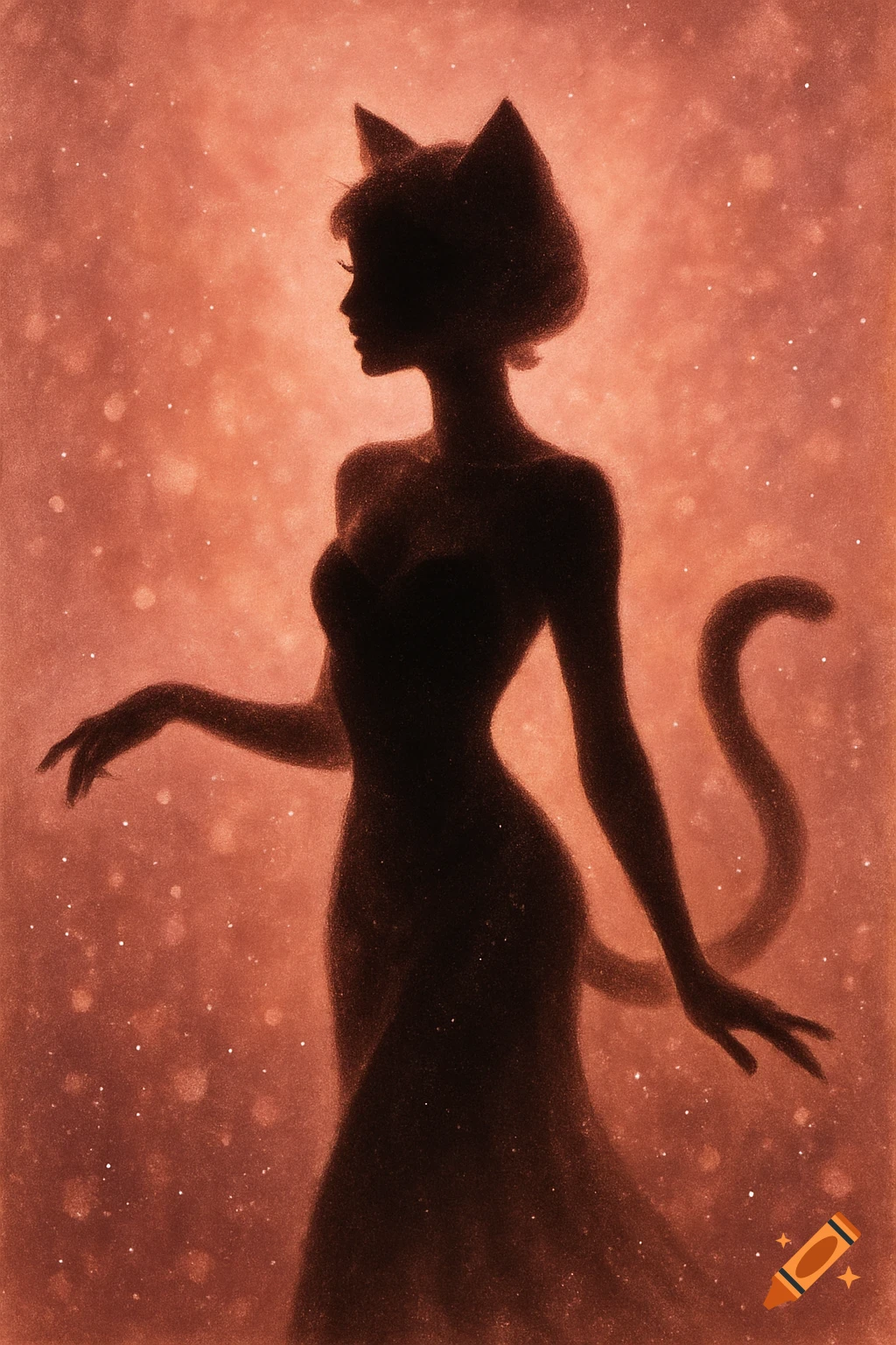 Silhouette of a glamorous cat-woman in a dress, set against a sparkling orange background.
