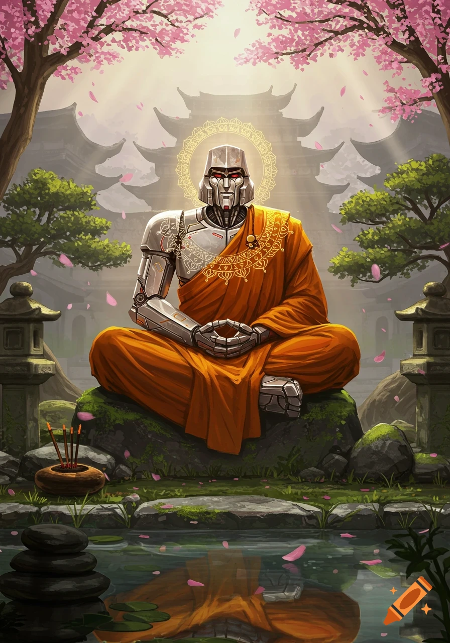 Megatron, in a monk's orange robes, meditates on a mossy rock in a serene Japanese garden with cherry blossoms, a pond, and a temple in the background.