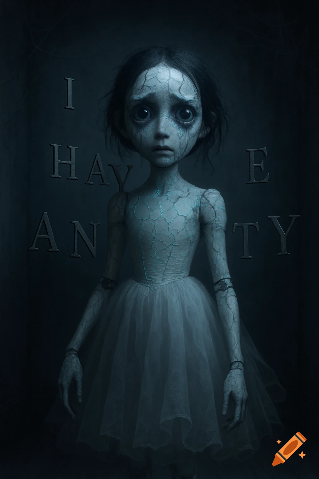 A sad, cracked porcelain-like doll in a ballet dress in a dark room, with letters spelling 'I HAVE ANXIETY' floating around it.