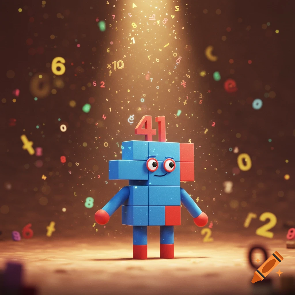 A blue and red block character, Numberblocks 41, stands under a spotlight with numbers and math symbols floating around.