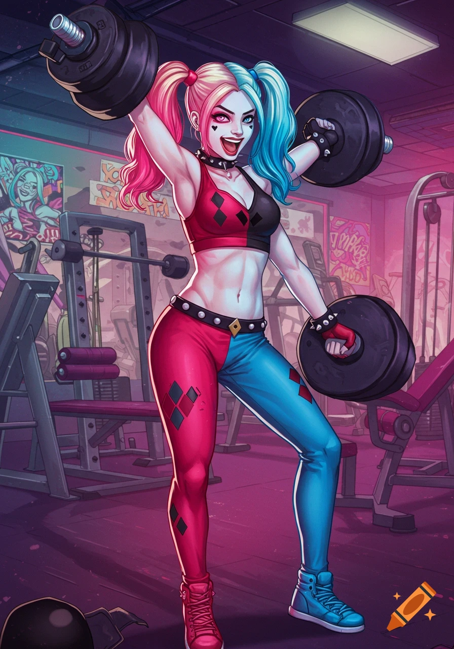 A comic art illustration of a Harley Quinn-style character in gym attire lifting dumbbells in a gym.