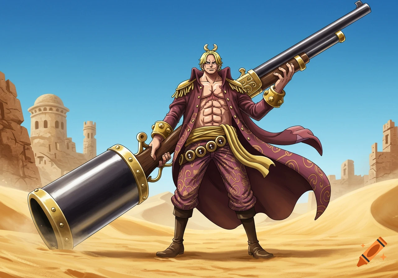 A muscular blonde anime pirate stands in a desert, holding an oversized shotgun. He wears a maroon coat and patterned pants, with sandy buildings in the background.
