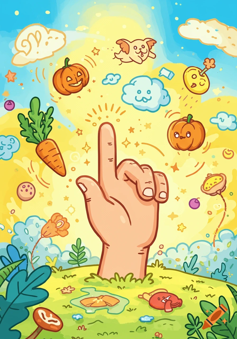 A vibrant cartoon illustration of a hand with a glowing fingertip, surrounded by floating pumpkins, a carrot, a dog, and clouds in a whimsical, sunny landscape.