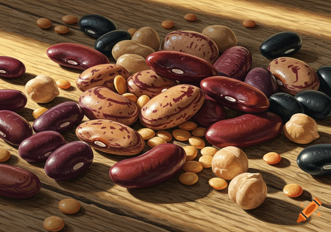 A close-up view of various dried beans, including pinto, kidney, black, and chickpeas, scattered on a wooden table.