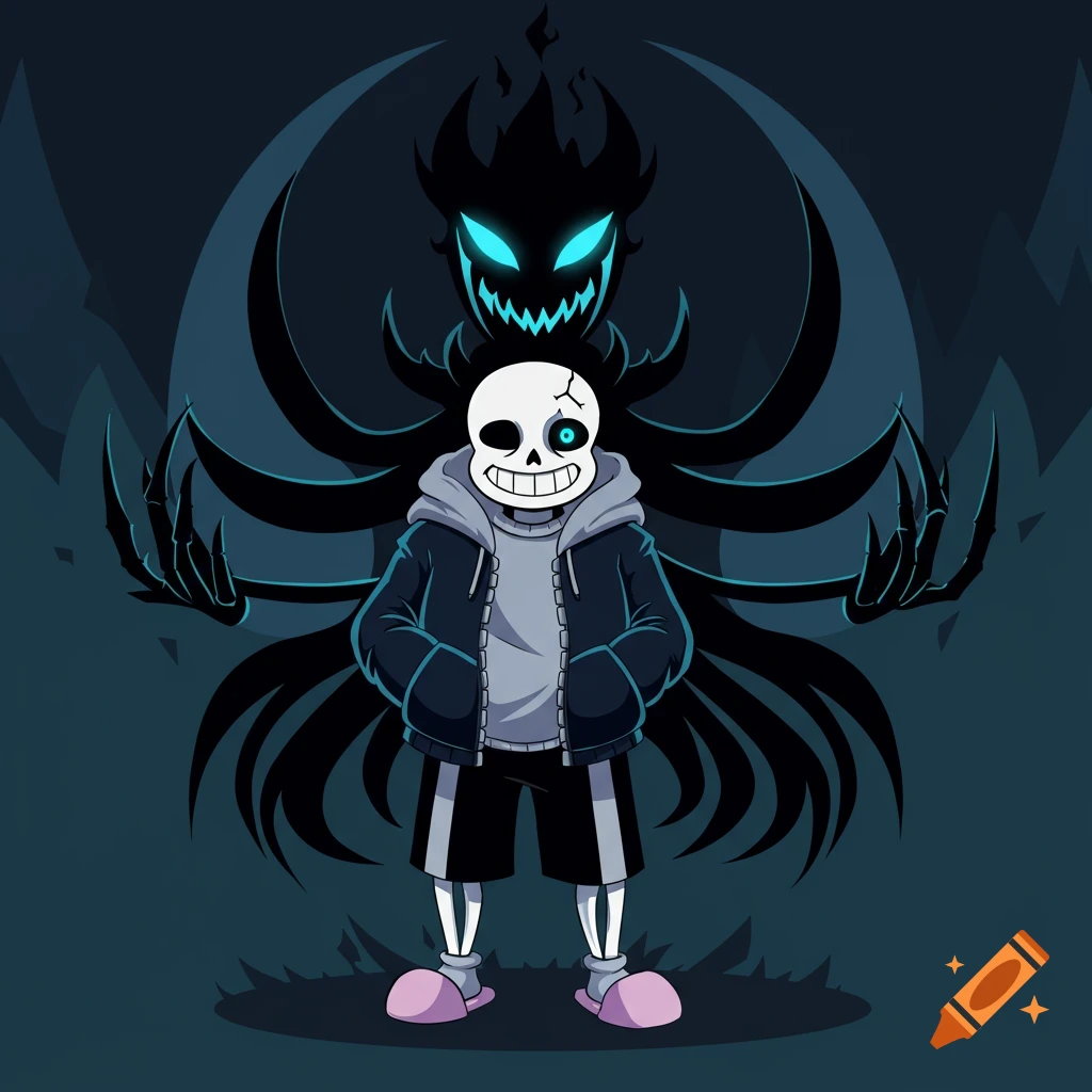 Cartoon skeleton character Sans in a blue hoodie stands before a large shadowy monster with glowing blue eyes.