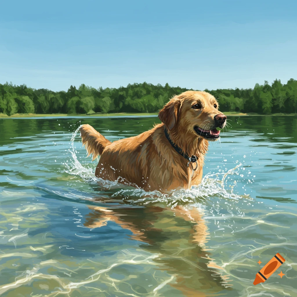 A golden retriever dog splashes and swims in a clear lake on a sunny day with green trees in the background, in an illustrative style.