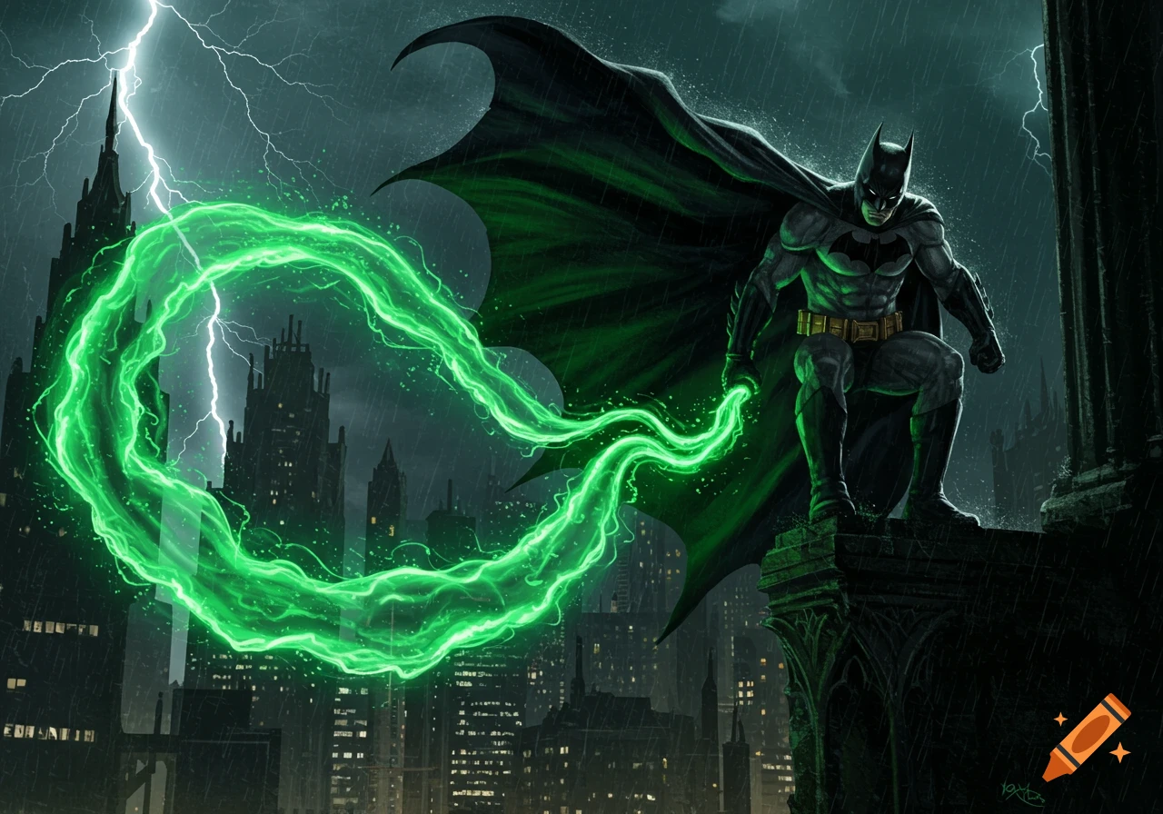 Batman crouches on a gargoyle, emitting green energy in a dark, rainy city with lightning in a comic art style.
