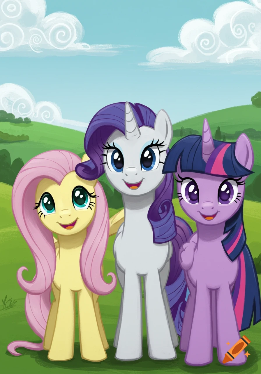 Fluttershy, Rarity, and Twilight Sparkle smiling in a green field under a blue sky, in a cartoon style.