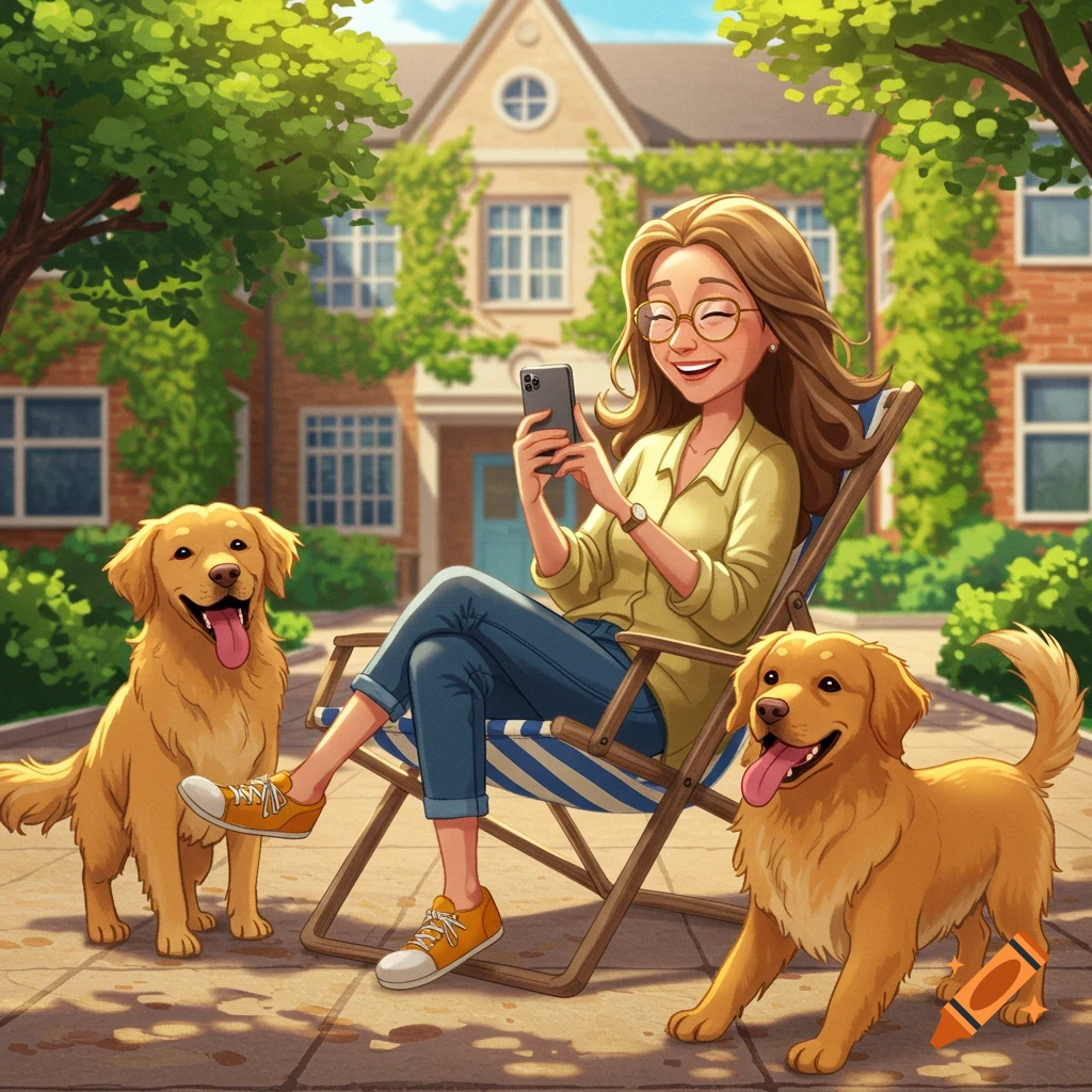 Smiling animated woman with glasses on lounge chair, looking at phone, two golden retrievers in sunny backyard.