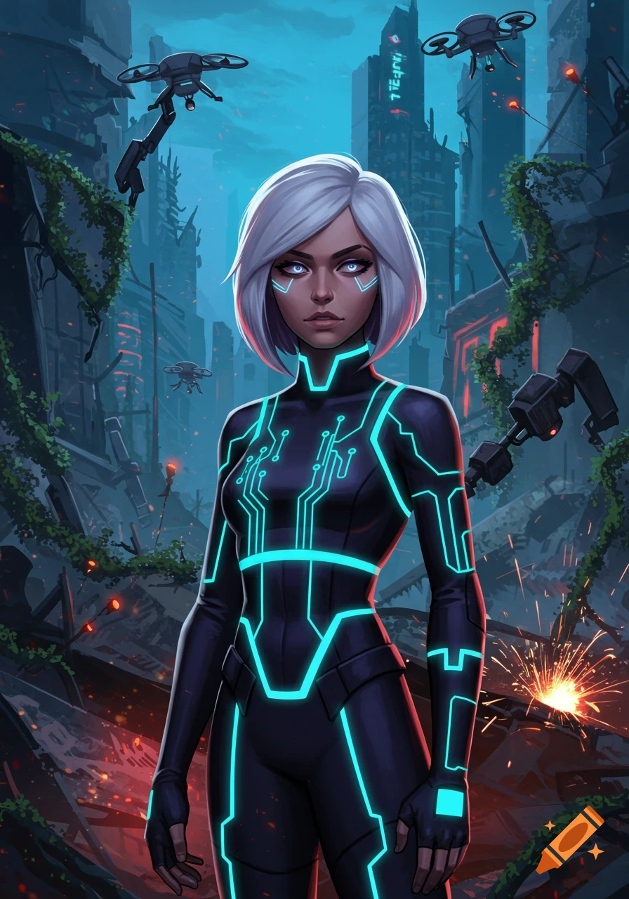 A white-haired woman in a black suit with glowing blue circuitry stands in a ruined futuristic city with drones flying overhead.