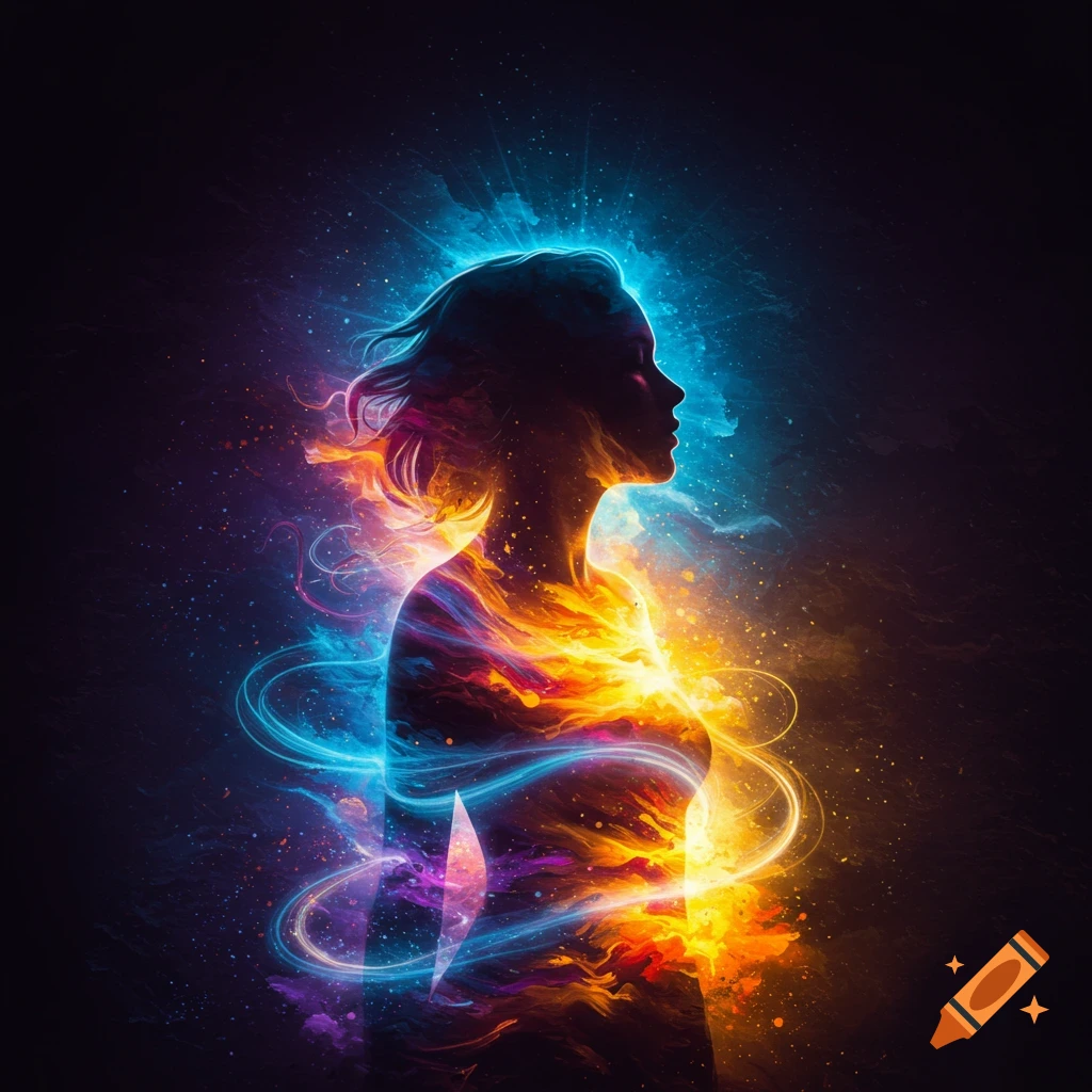 Silhouette of a woman glowing with vibrant, swirling blue, orange, and yellow light against a dark, starry background.