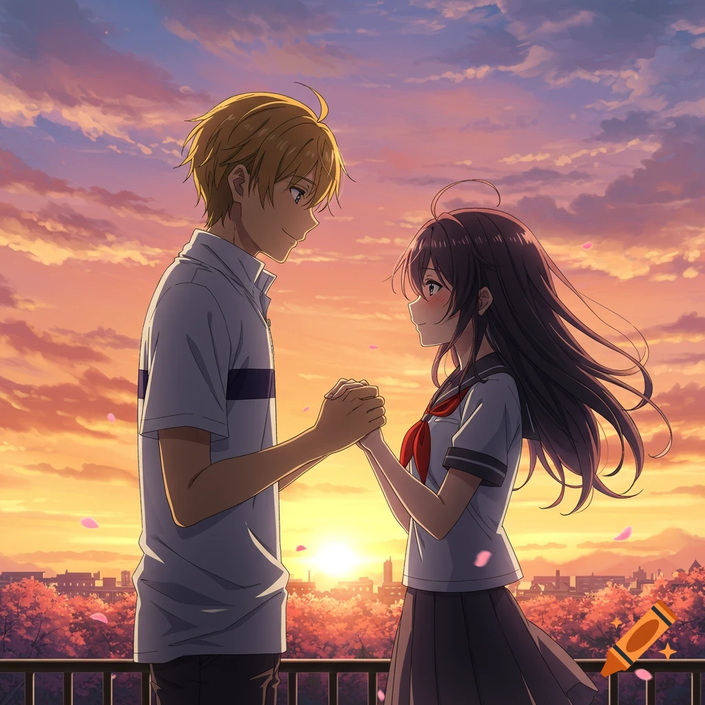 Anime couple holding hands at sunset with cherry blossoms. on Craiyon, image size:1024x1024