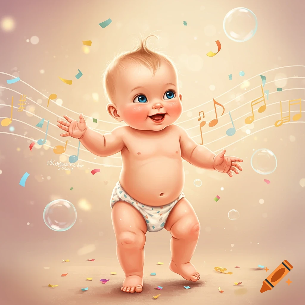 A cute, happy cartoon baby in a diaper stands with arms outstretched, surrounded by musical notes, bubbles, and confetti.
