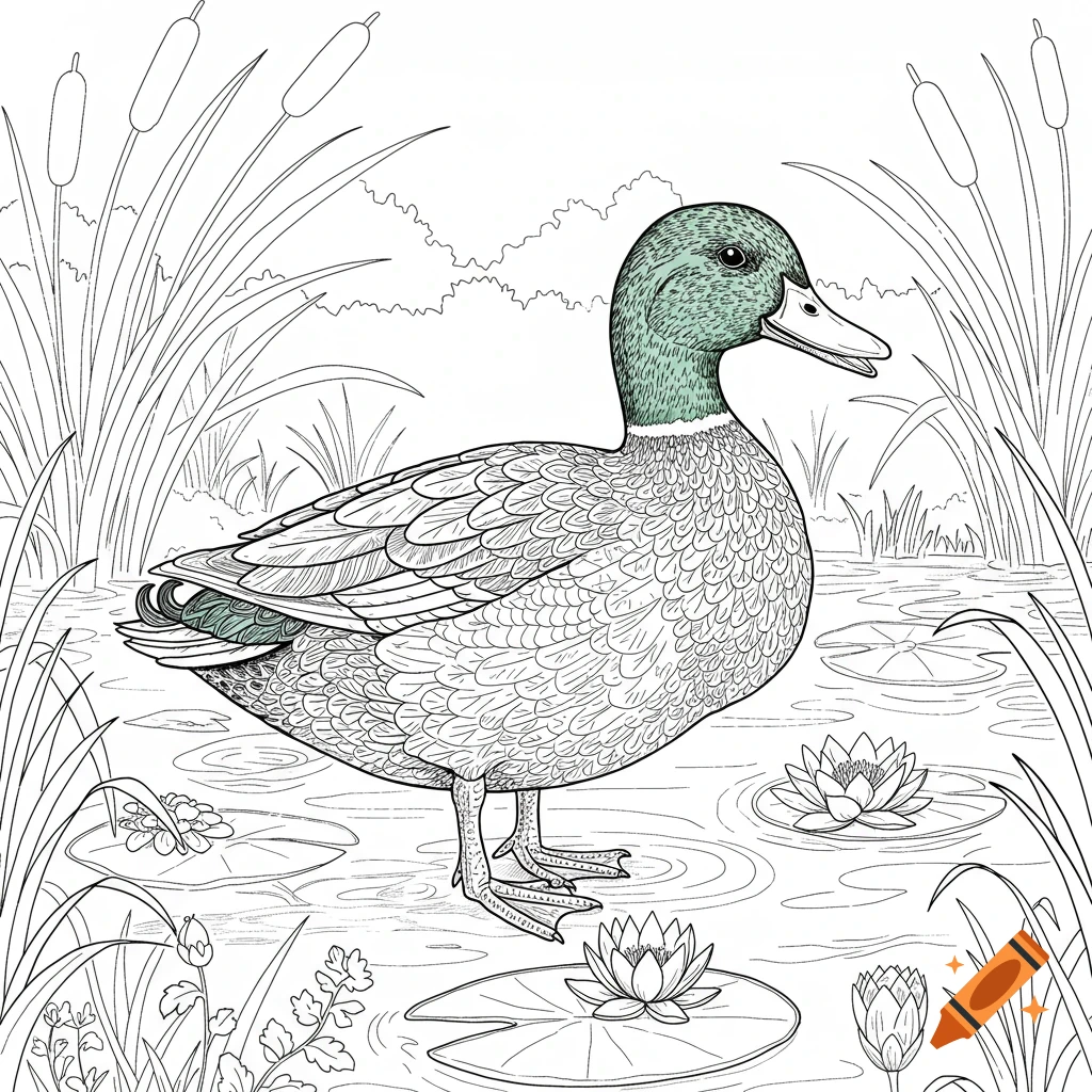A line art drawing of a mallard duck standing in a pond with water lilies and tall reeds, for a coloring page.