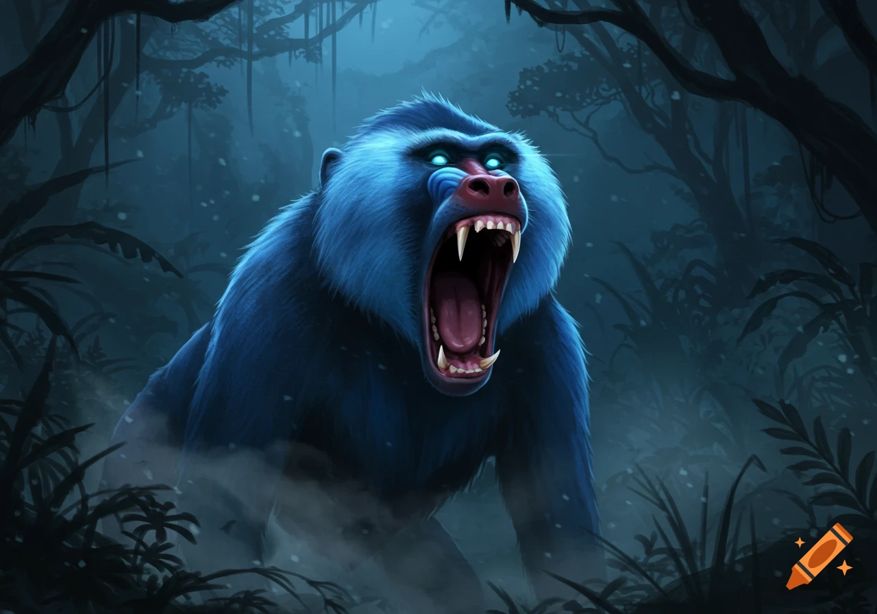 A scary blue baboon with glowing eyes and large fangs roars in a dark, misty forest.