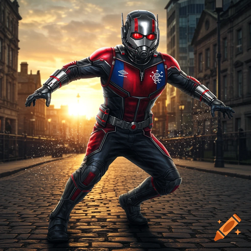 Ant-Man in a black and red suit with Rangers FC and Umbro logos on the chest, posing on a cobblestone street at sunset.