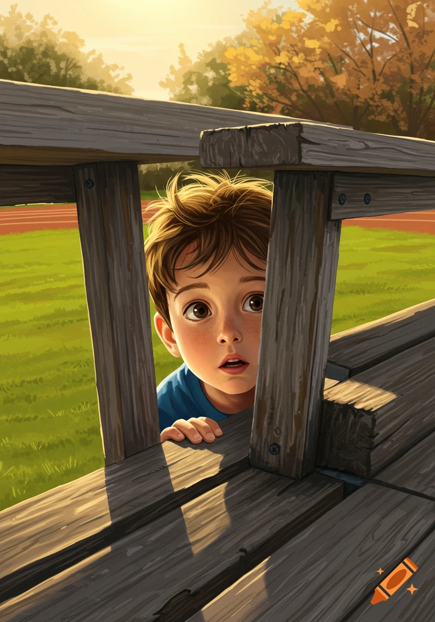 An illustrated young boy with wide eyes peeks through wooden bleachers at a sunny outdoor field.